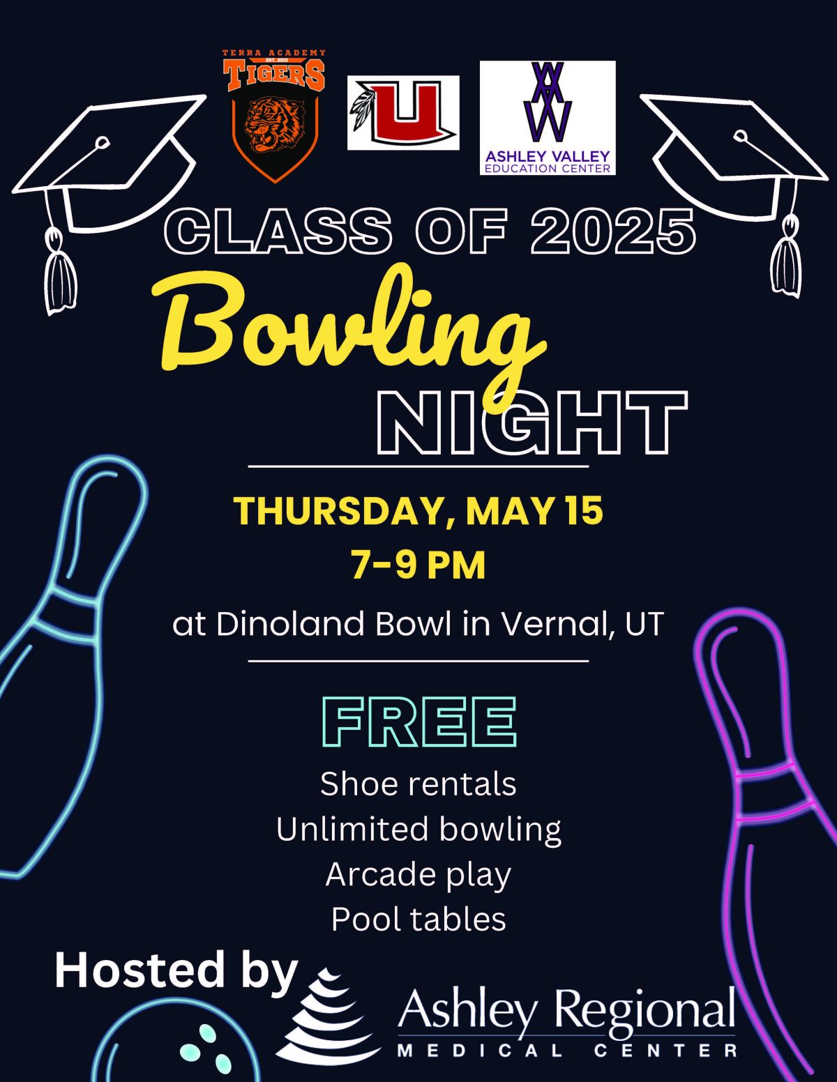flyer with information about the 2025 Graduates Bowling Night hosted by Ashley Regional Medical Center in Vernal Utah